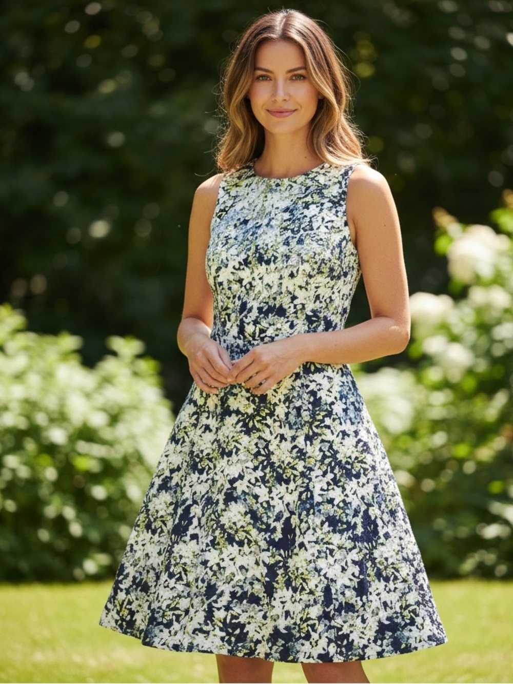MAGGY LONDON Navy & White Floral Fit-and-Flare Dress With Pockets Sz 4